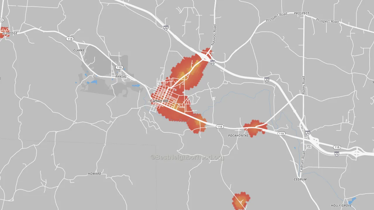 Walk Grade map of 35549, AL, walkable areas in green and car-dependent areas in red