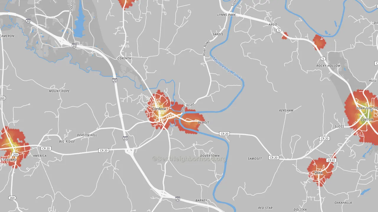 Walk Grade map of 35550, AL, walkable areas in green and car-dependent areas in red