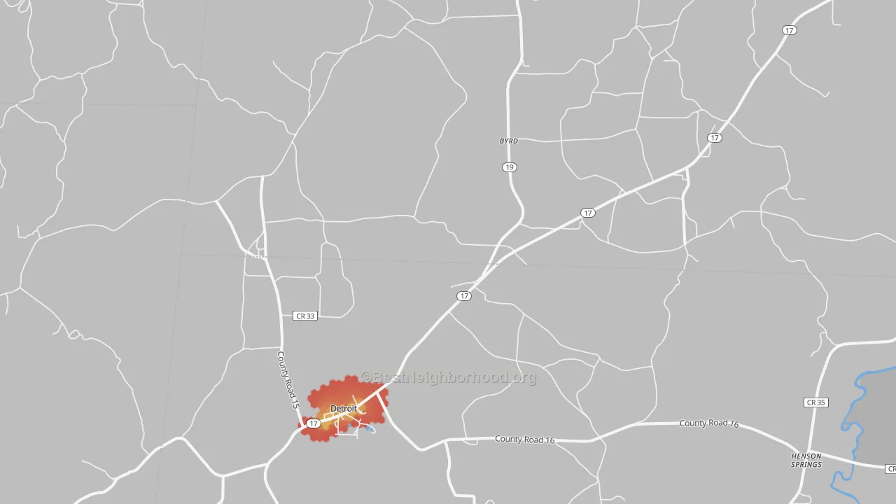 Walk Grade map of 35552, AL, walkable areas in green and car-dependent areas in red