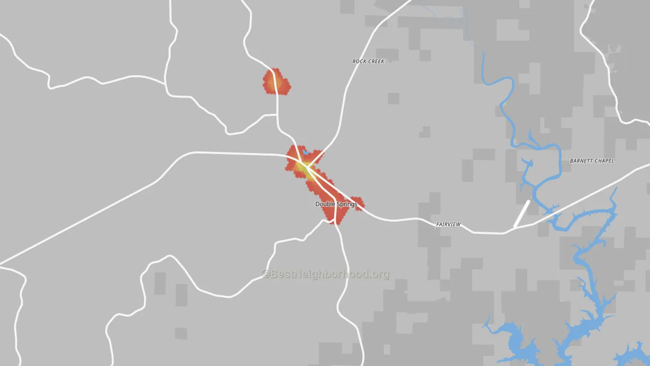 Walk Grade map of 35553, AL, walkable areas in green and car-dependent areas in red