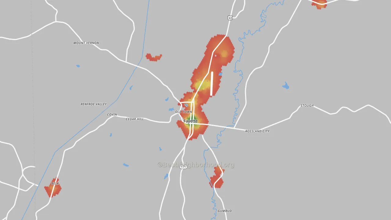 Walk Grade map of 35555, AL, walkable areas in green and car-dependent areas in red