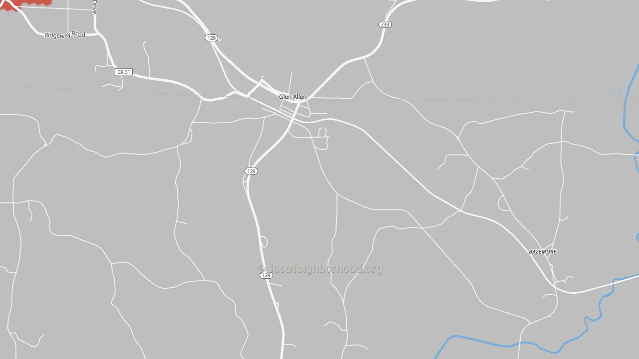 Walk Grade map of 35559, AL, walkable areas in green and car-dependent areas in red