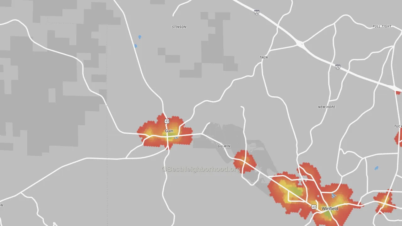 Walk Grade map of 35563, AL, walkable areas in green and car-dependent areas in red