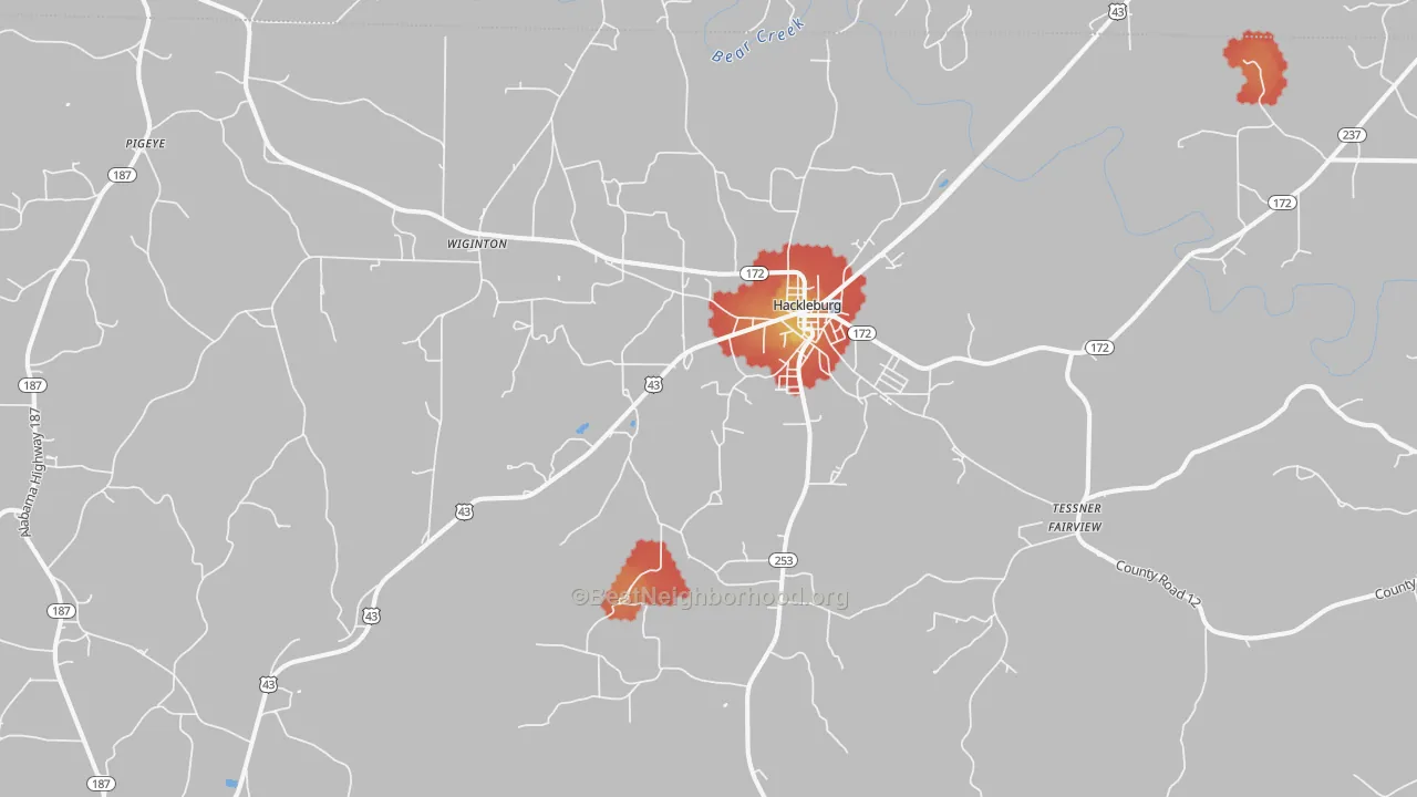Walk Grade map of 35564, AL, walkable areas in green and car-dependent areas in red