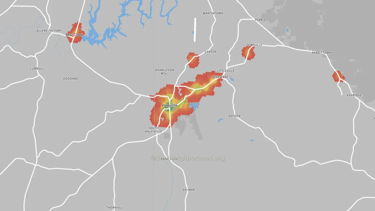 Walk Grade map of 35565, AL, walkable areas in green and car-dependent areas in red