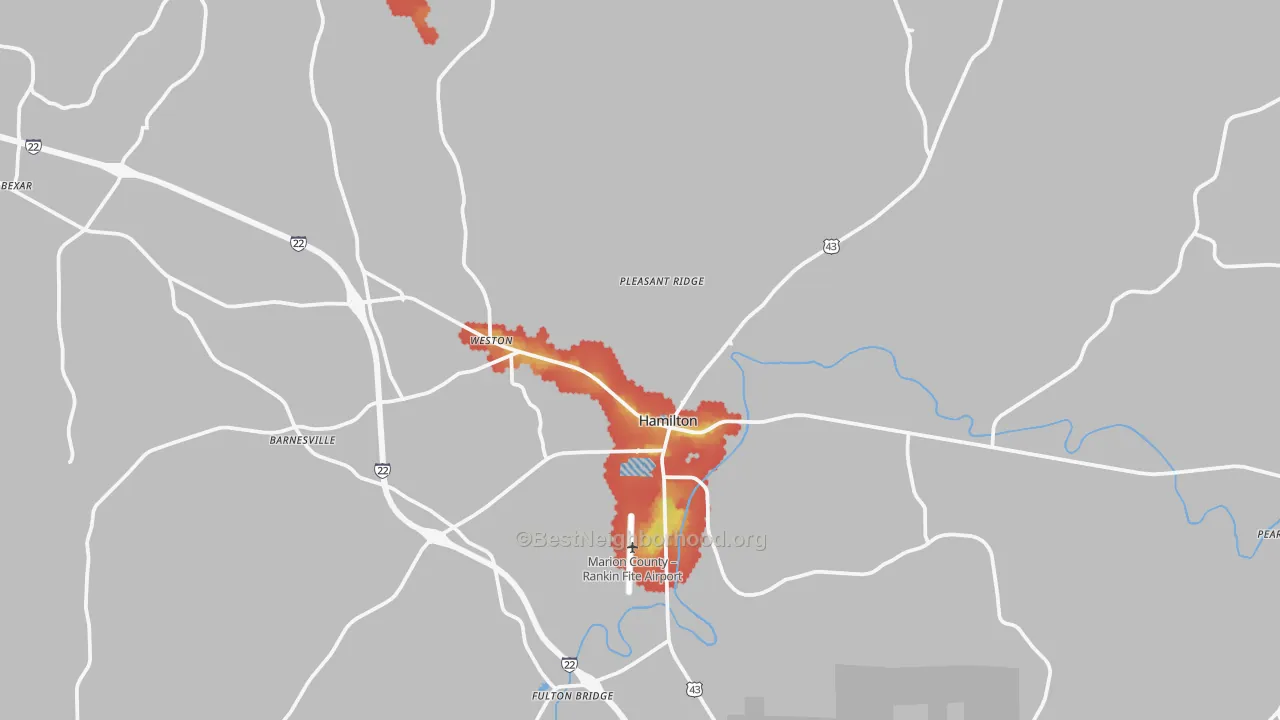Walk Grade map of 35570, AL, walkable areas in green and car-dependent areas in red