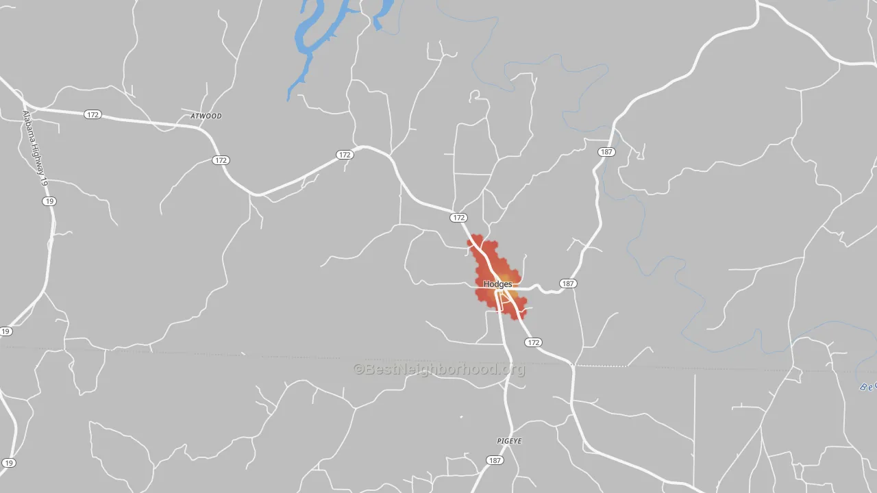 Walk Grade map of 35571, AL, walkable areas in green and car-dependent areas in red