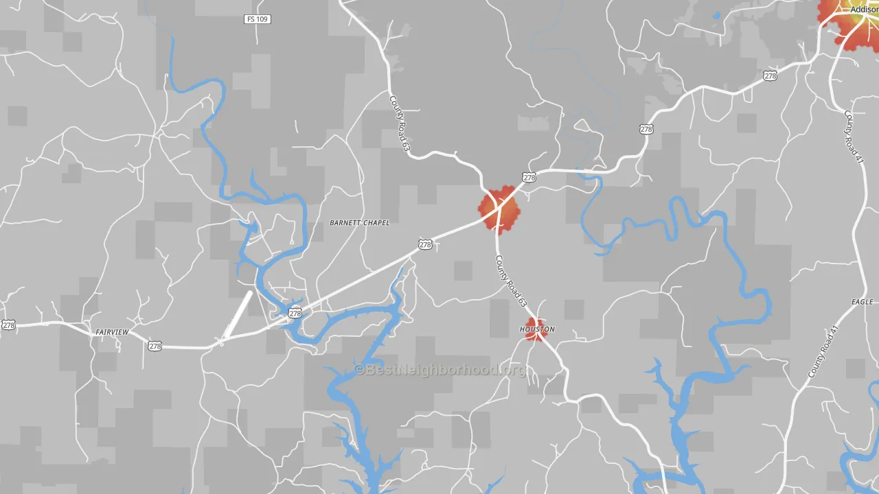 Walk Grade map of 35572, AL, walkable areas in green and car-dependent areas in red