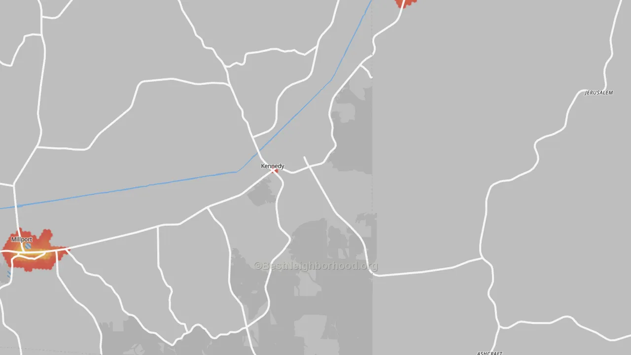 Walk Grade map of 35574, AL, walkable areas in green and car-dependent areas in red