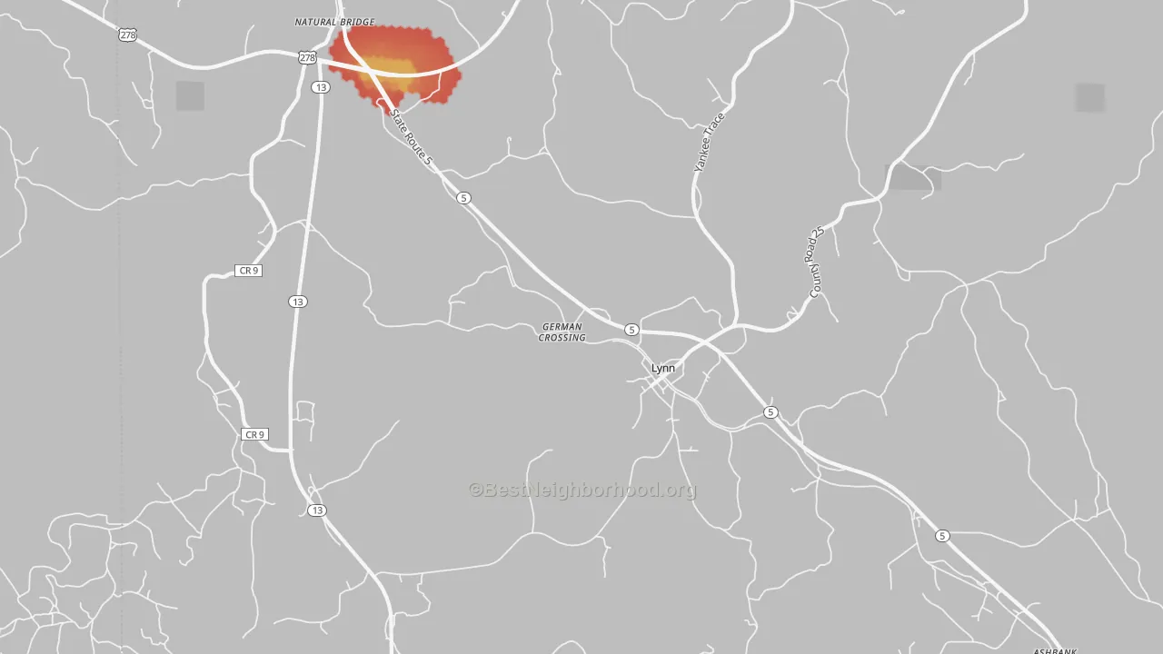 Walk Grade map of 35575, AL, walkable areas in green and car-dependent areas in red