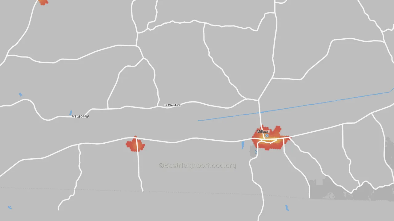 Walk Grade map of 35576, AL, walkable areas in green and car-dependent areas in red