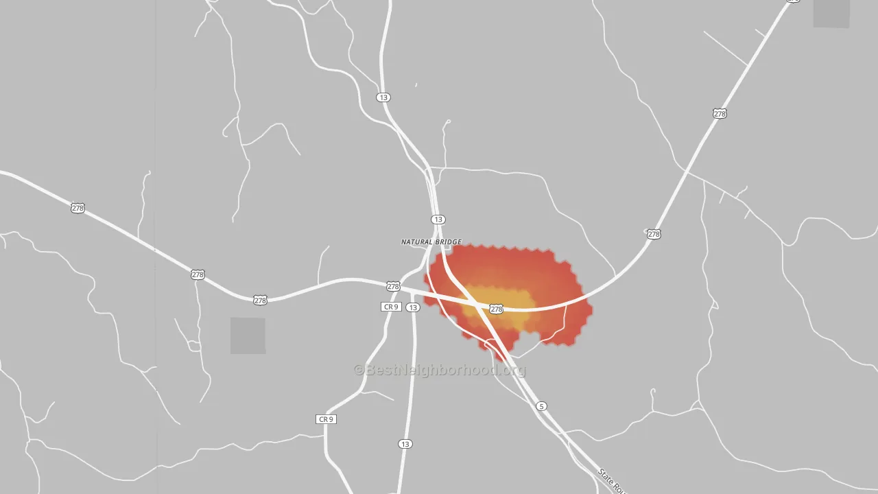 Walk Grade map of 35577, AL, walkable areas in green and car-dependent areas in red