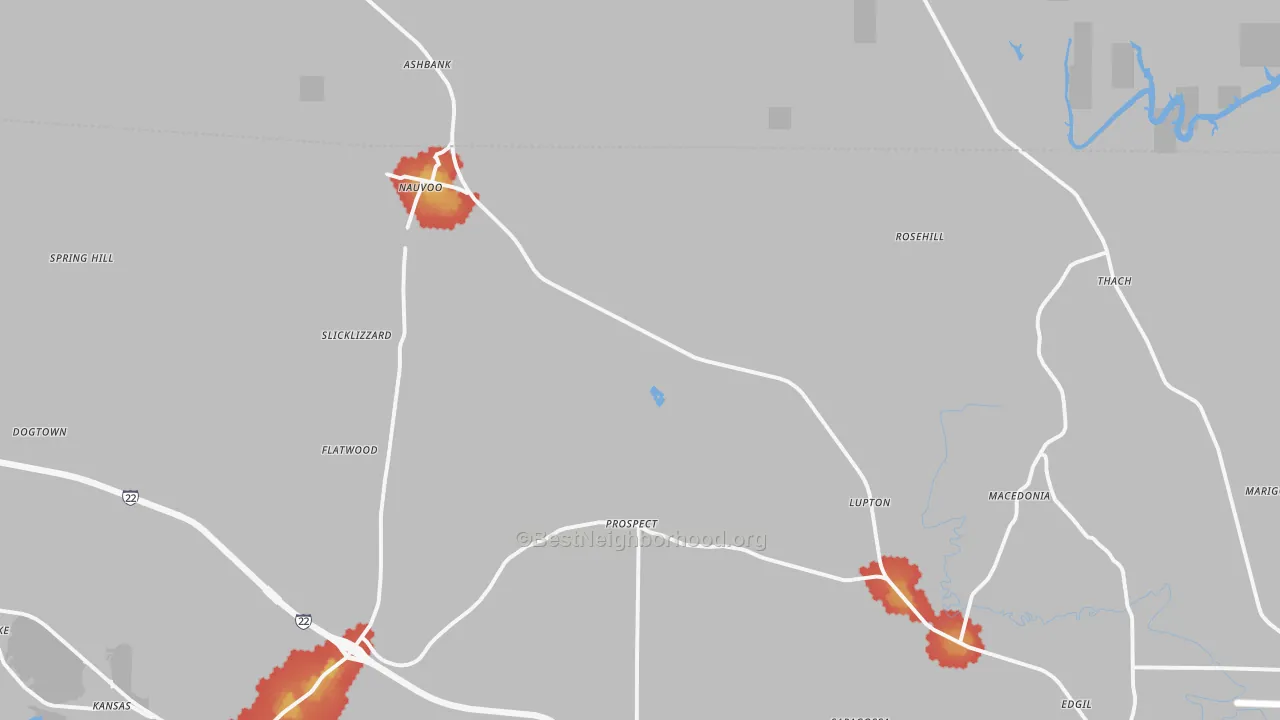 Walk Grade map of 35578, AL, walkable areas in green and car-dependent areas in red