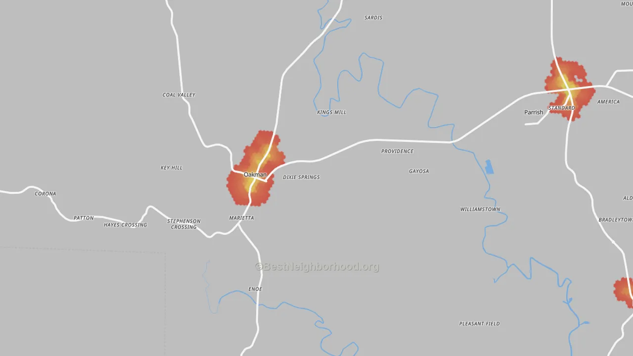 Walk Grade map of 35579, AL, walkable areas in green and car-dependent areas in red