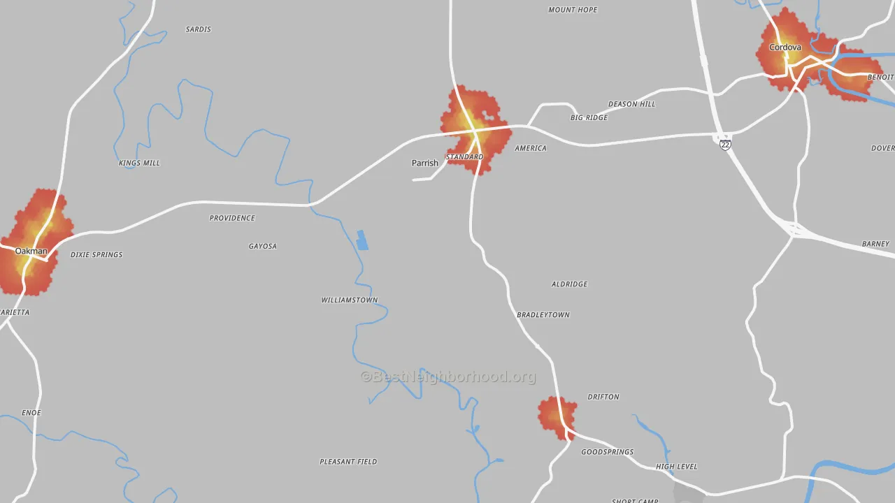 Walk Grade map of 35580, AL, walkable areas in green and car-dependent areas in red