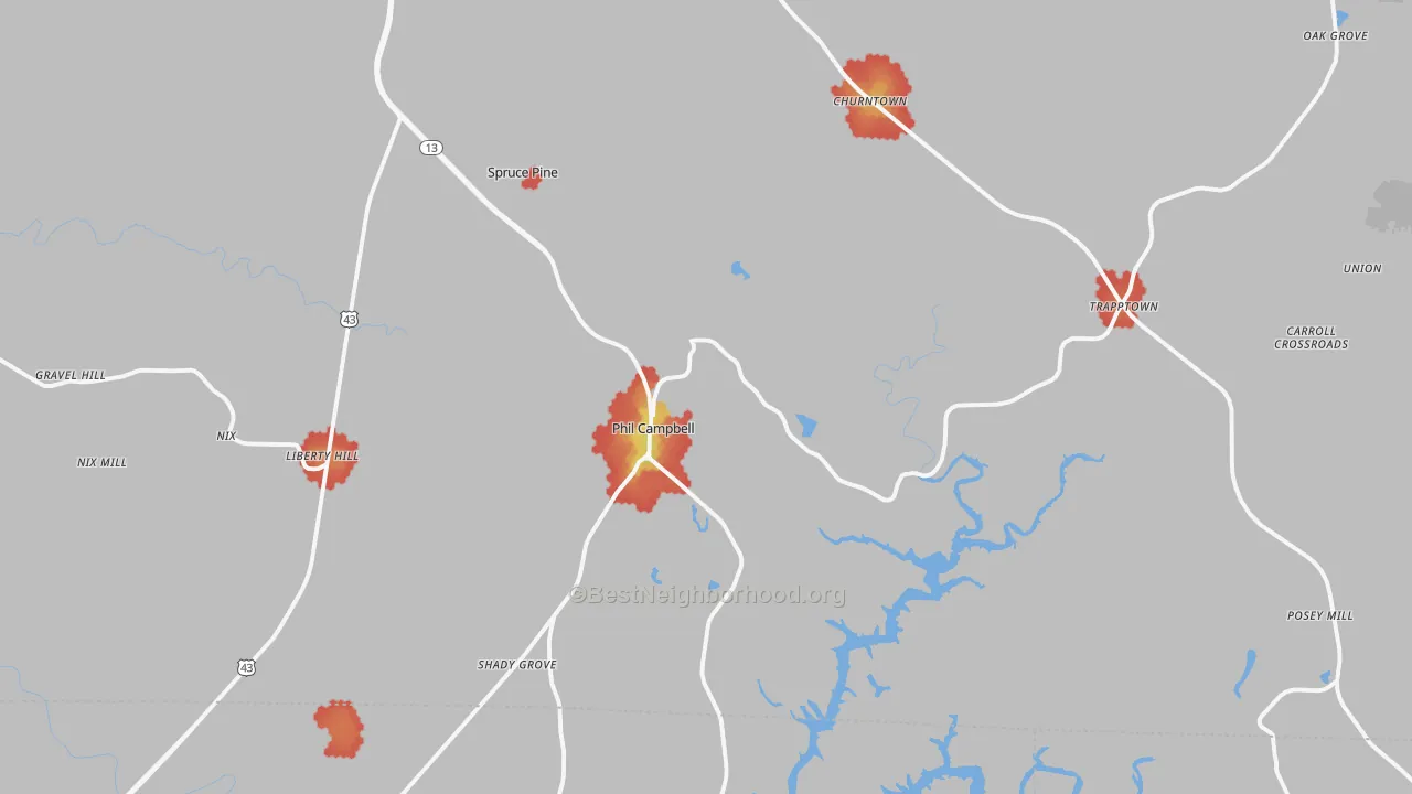 Walk Grade map of 35581, AL, walkable areas in green and car-dependent areas in red
