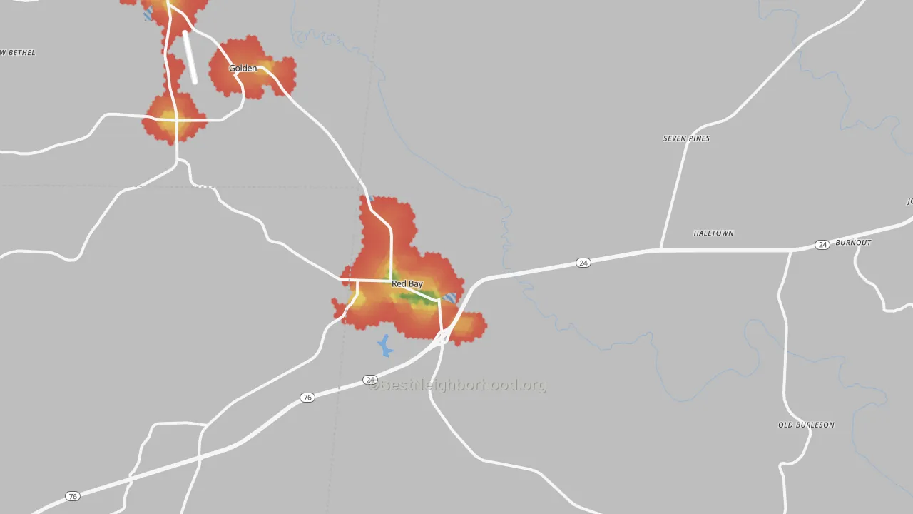 Walk Grade map of 35582, AL, walkable areas in green and car-dependent areas in red