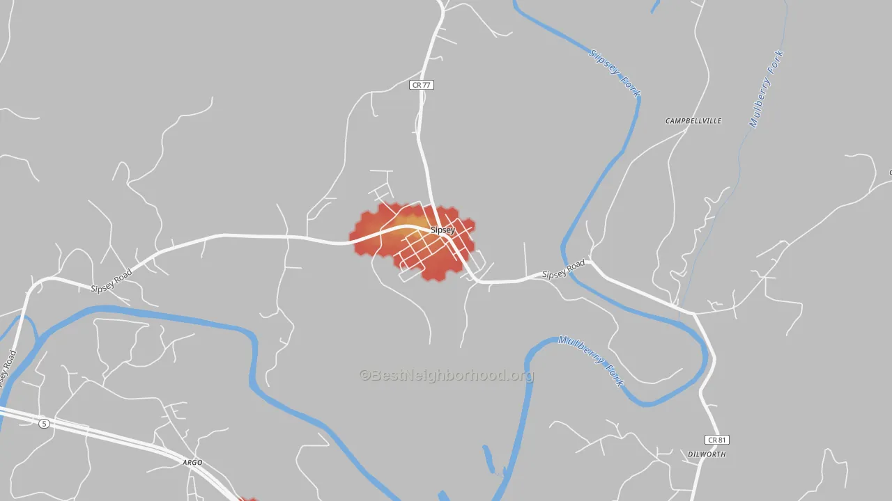 Walk Grade map of 35584, AL, walkable areas in green and car-dependent areas in red
