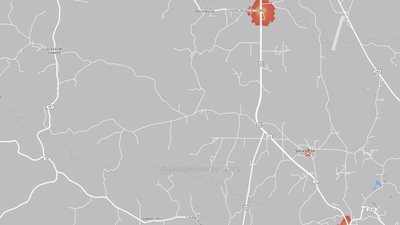 Walk Grade map of 35585, AL, walkable areas in green and car-dependent areas in red