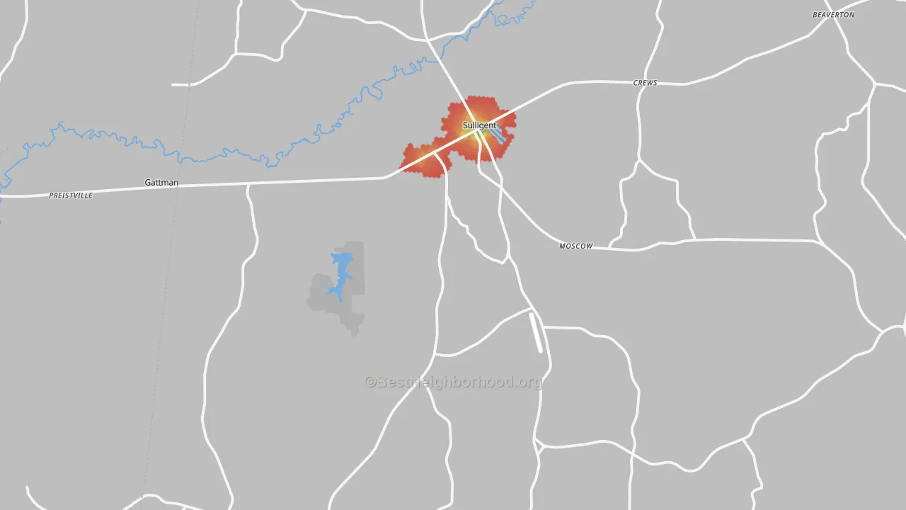 Walk Grade map of 35586, AL, walkable areas in green and car-dependent areas in red