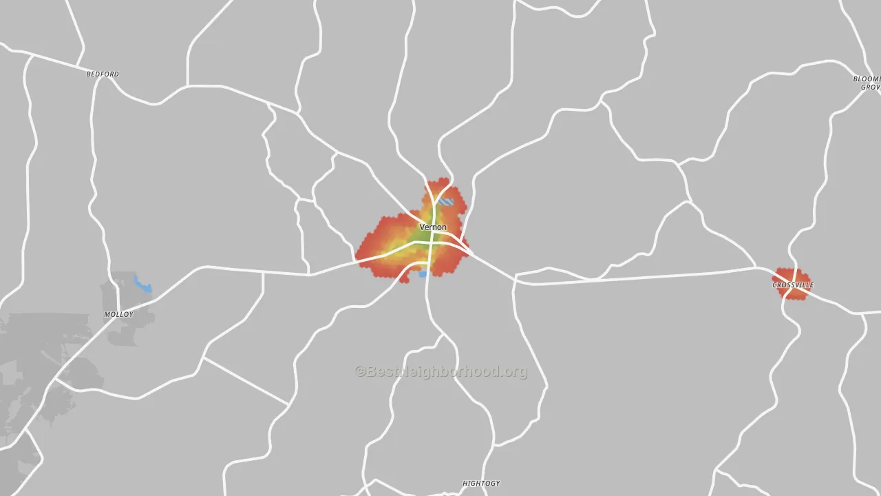 Walk Grade map of 35592, AL, walkable areas in green and car-dependent areas in red