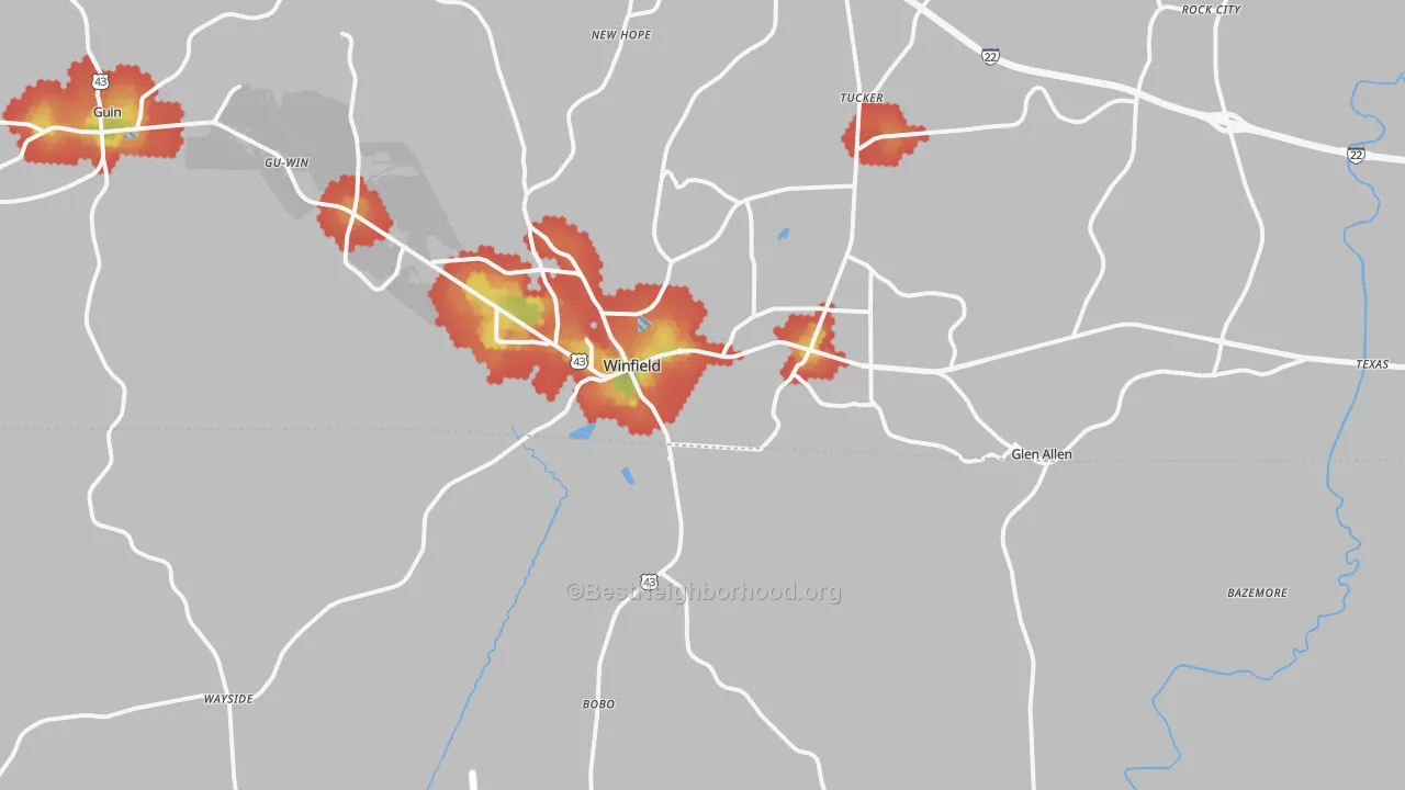Walk Grade map of 35594, AL, walkable areas in green and car-dependent areas in red