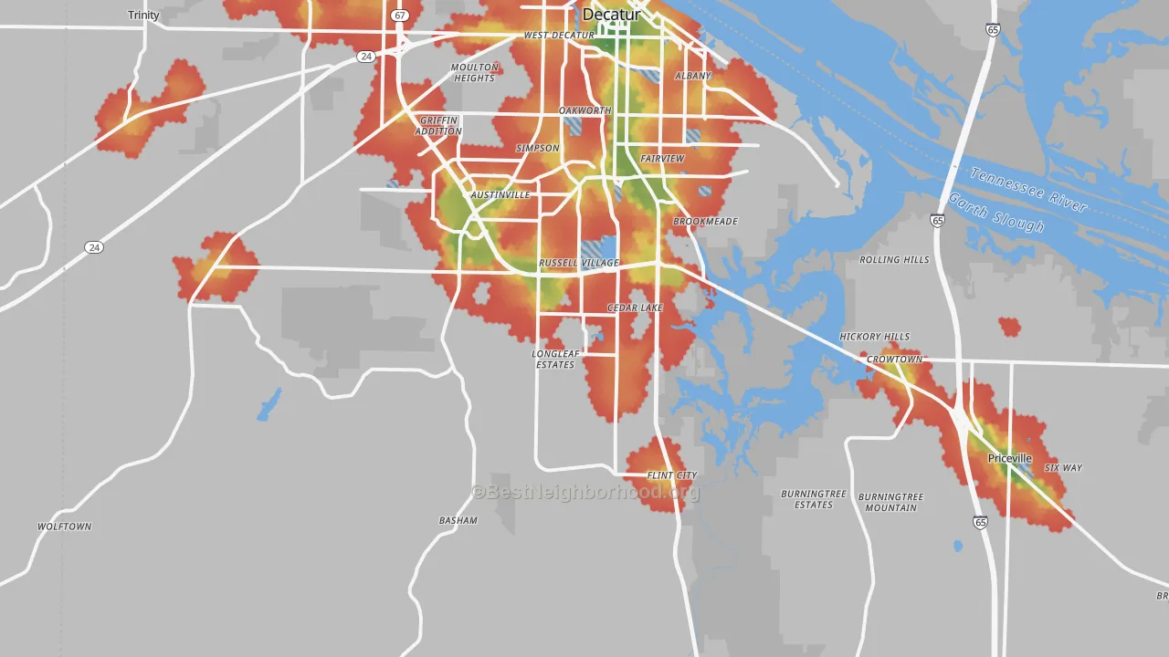 Walk Grade map of 35603, AL, walkable areas in green and car-dependent areas in red