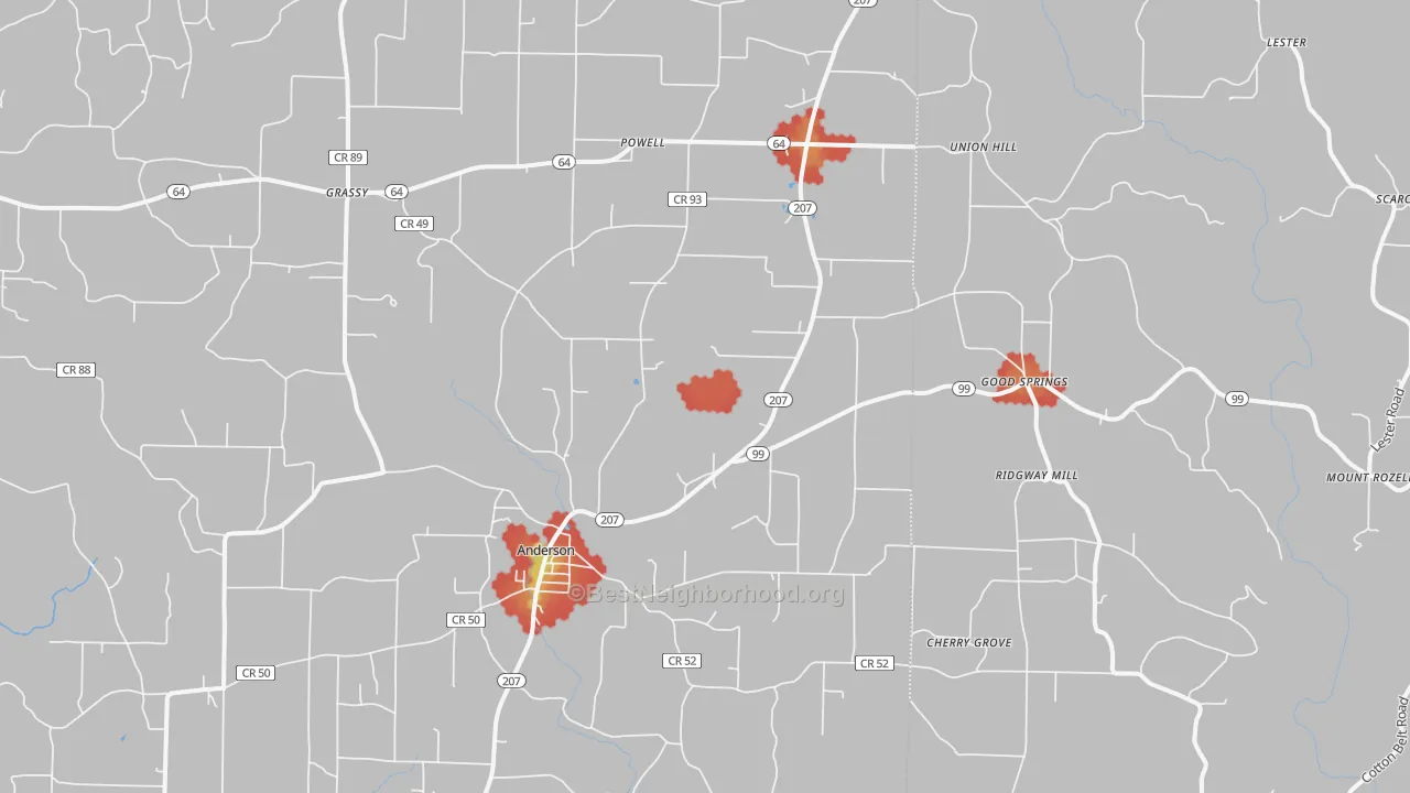 Walk Grade map of 35610, AL, walkable areas in green and car-dependent areas in red