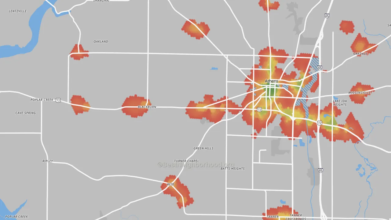 Walk Grade map of 35611, AL, walkable areas in green and car-dependent areas in red