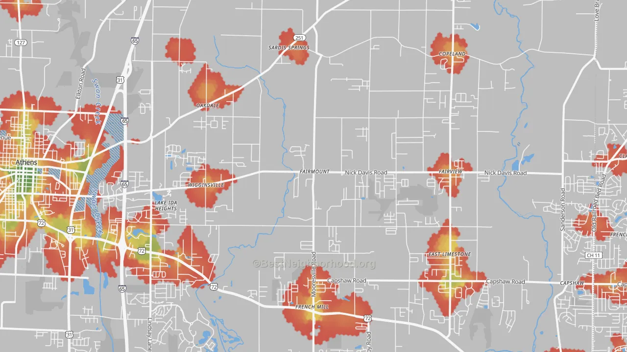 Walk Grade map of 35613, AL, walkable areas in green and car-dependent areas in red