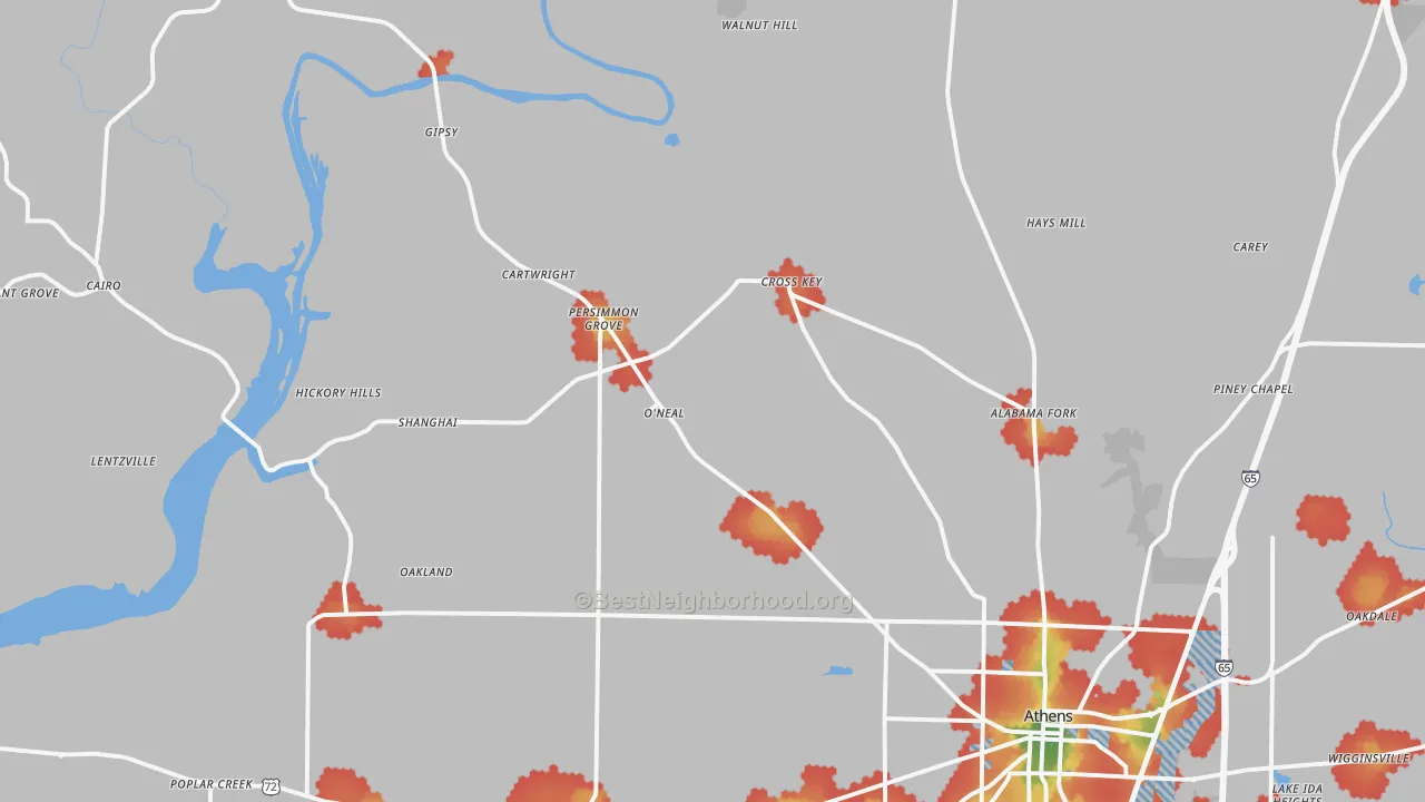 Walk Grade map of 35614, AL, walkable areas in green and car-dependent areas in red