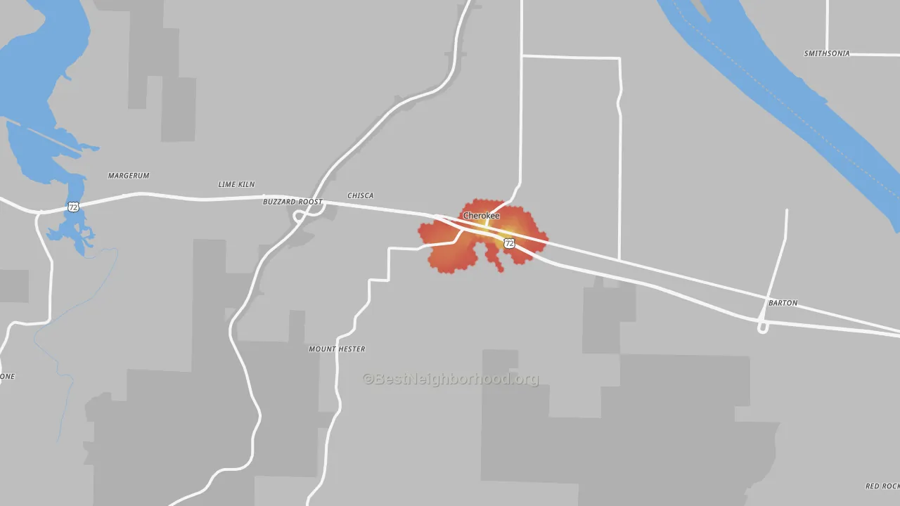 Walk Grade map of 35616, AL, walkable areas in green and car-dependent areas in red
