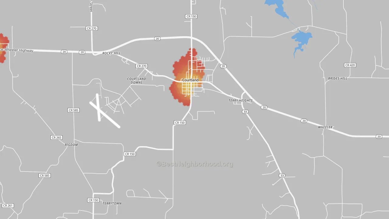 Walk Grade map of 35618, AL, walkable areas in green and car-dependent areas in red