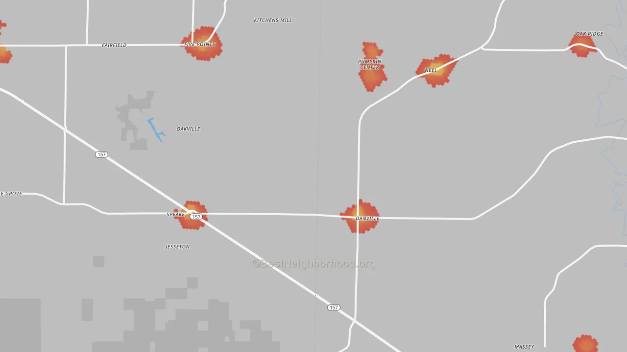 Walk Grade map of 35619, AL, walkable areas in green and car-dependent areas in red