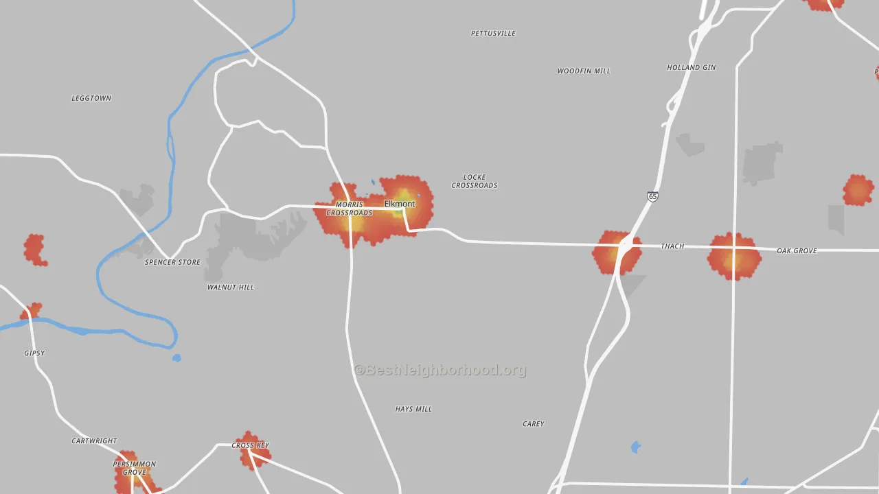 Walk Grade map of 35620, AL, walkable areas in green and car-dependent areas in red