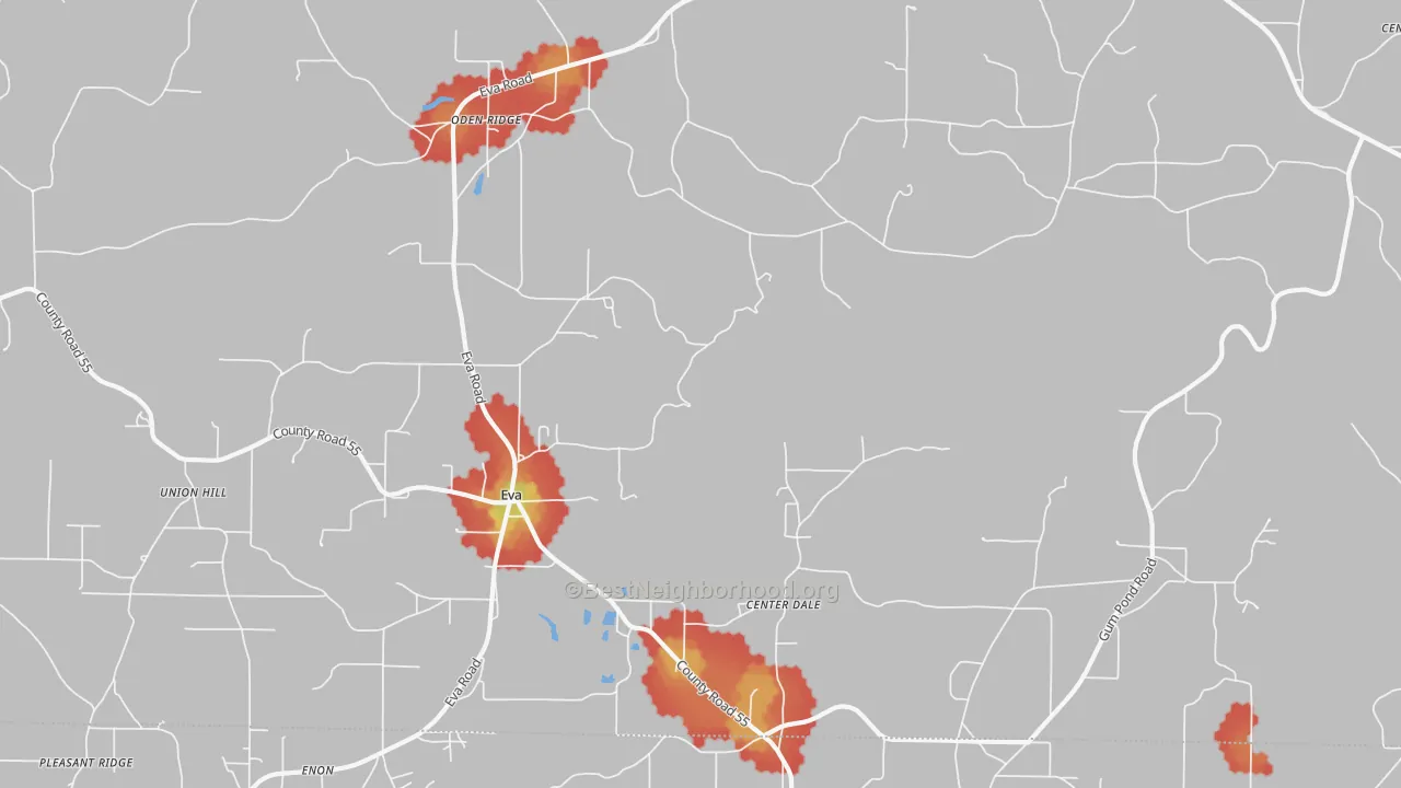 Walk Grade map of 35621, AL, walkable areas in green and car-dependent areas in red