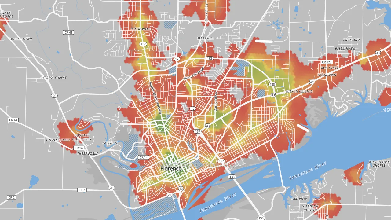 Walk Grade map of 35630, AL, walkable areas in green and car-dependent areas in red