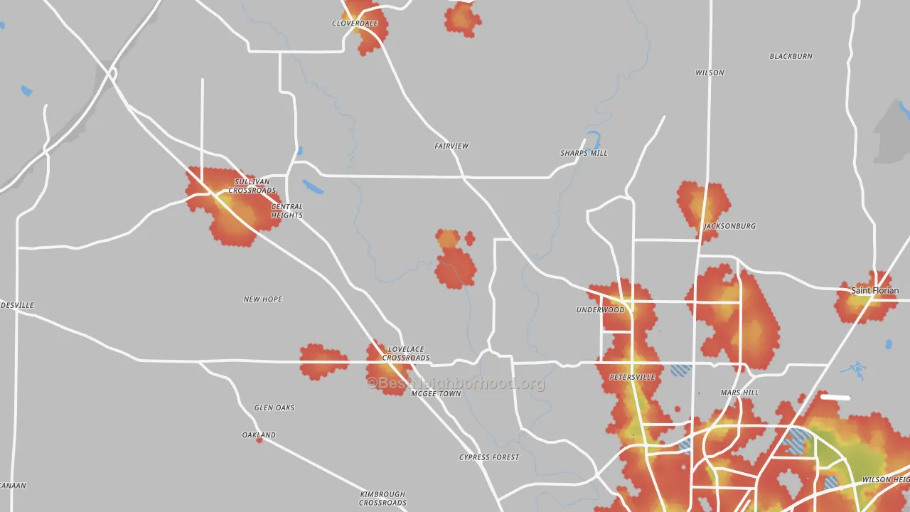 Walk Grade map of 35633, AL, walkable areas in green and car-dependent areas in red