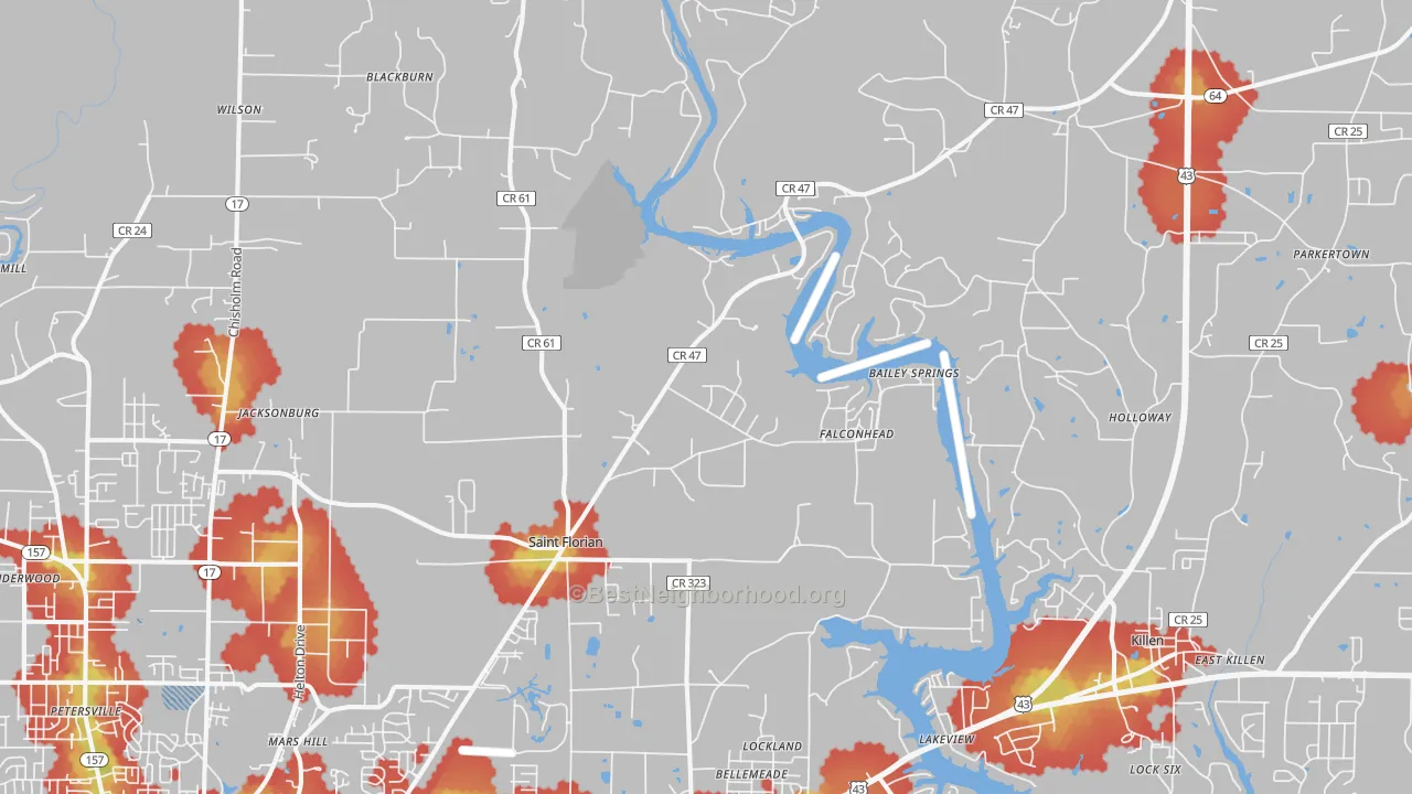 Walk Grade map of 35634, AL, walkable areas in green and car-dependent areas in red