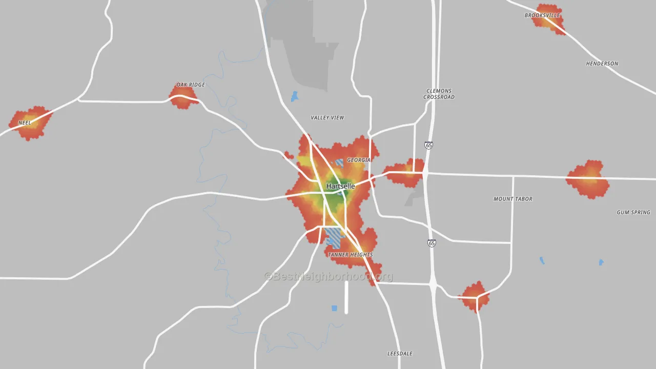 Walk Grade map of 35640, AL, walkable areas in green and car-dependent areas in red