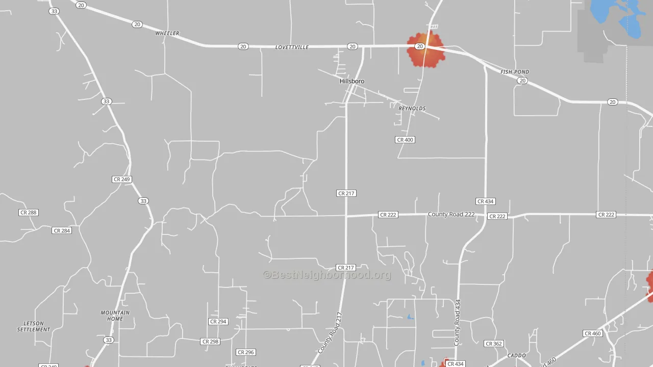 Walk Grade map of 35643, AL, walkable areas in green and car-dependent areas in red