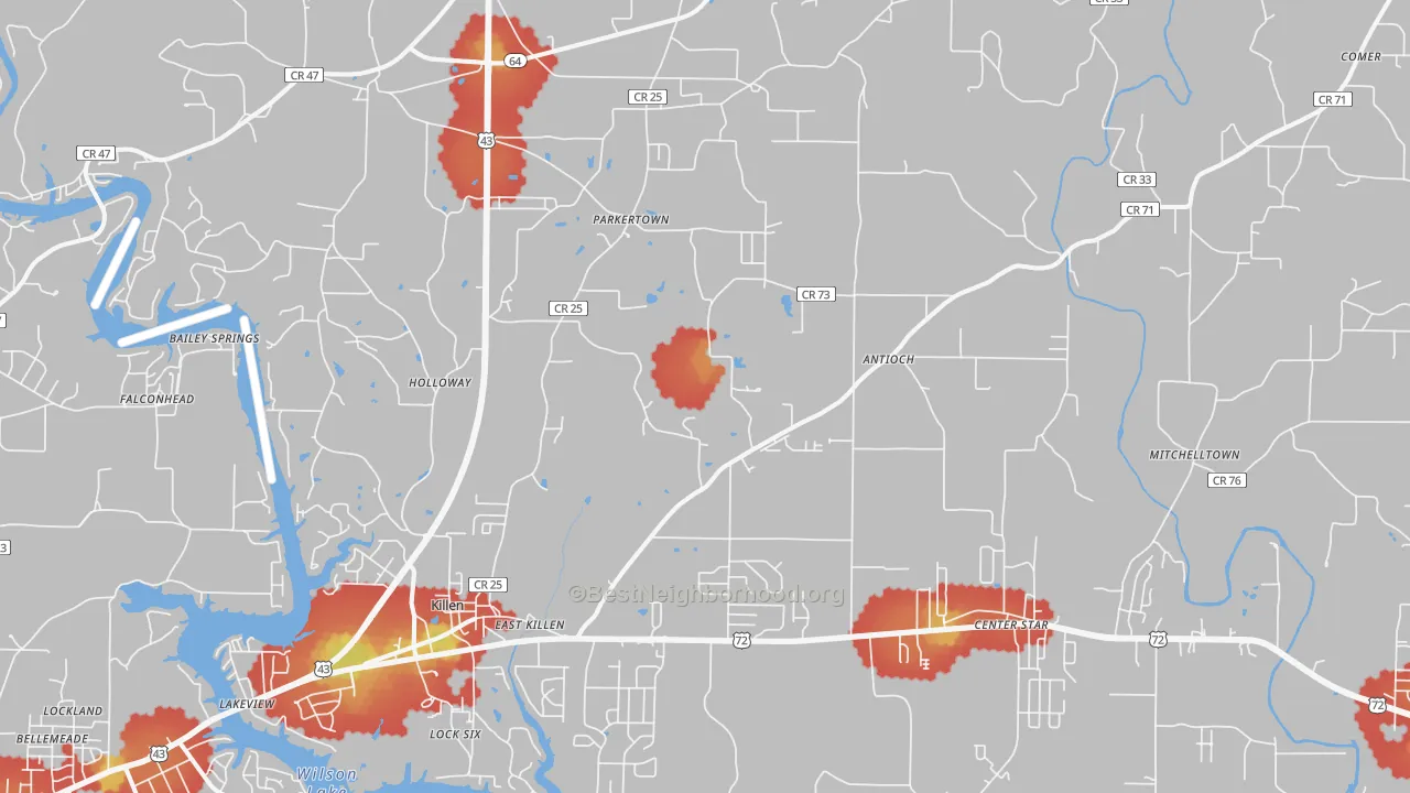 Walk Grade map of 35645, AL, walkable areas in green and car-dependent areas in red