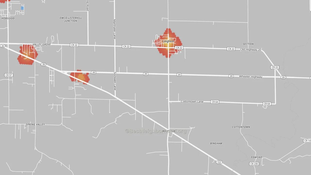 Walk Grade map of 35646, AL, walkable areas in green and car-dependent areas in red