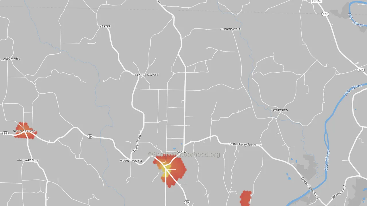 Walk Grade map of 35647, AL, walkable areas in green and car-dependent areas in red