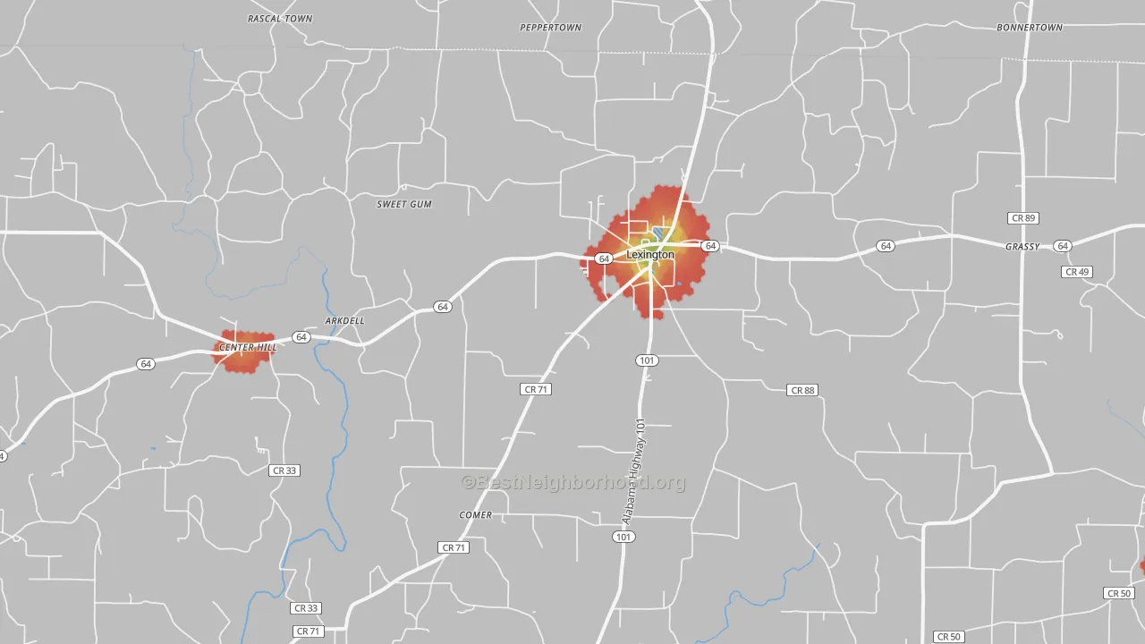 Walk Grade map of 35648, AL, walkable areas in green and car-dependent areas in red