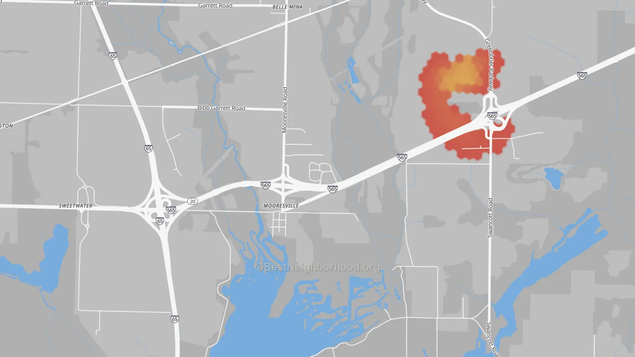 Walk Grade map of 35649, AL, walkable areas in green and car-dependent areas in red
