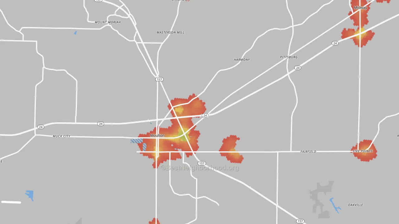 Walk Grade map of 35650, AL, walkable areas in green and car-dependent areas in red