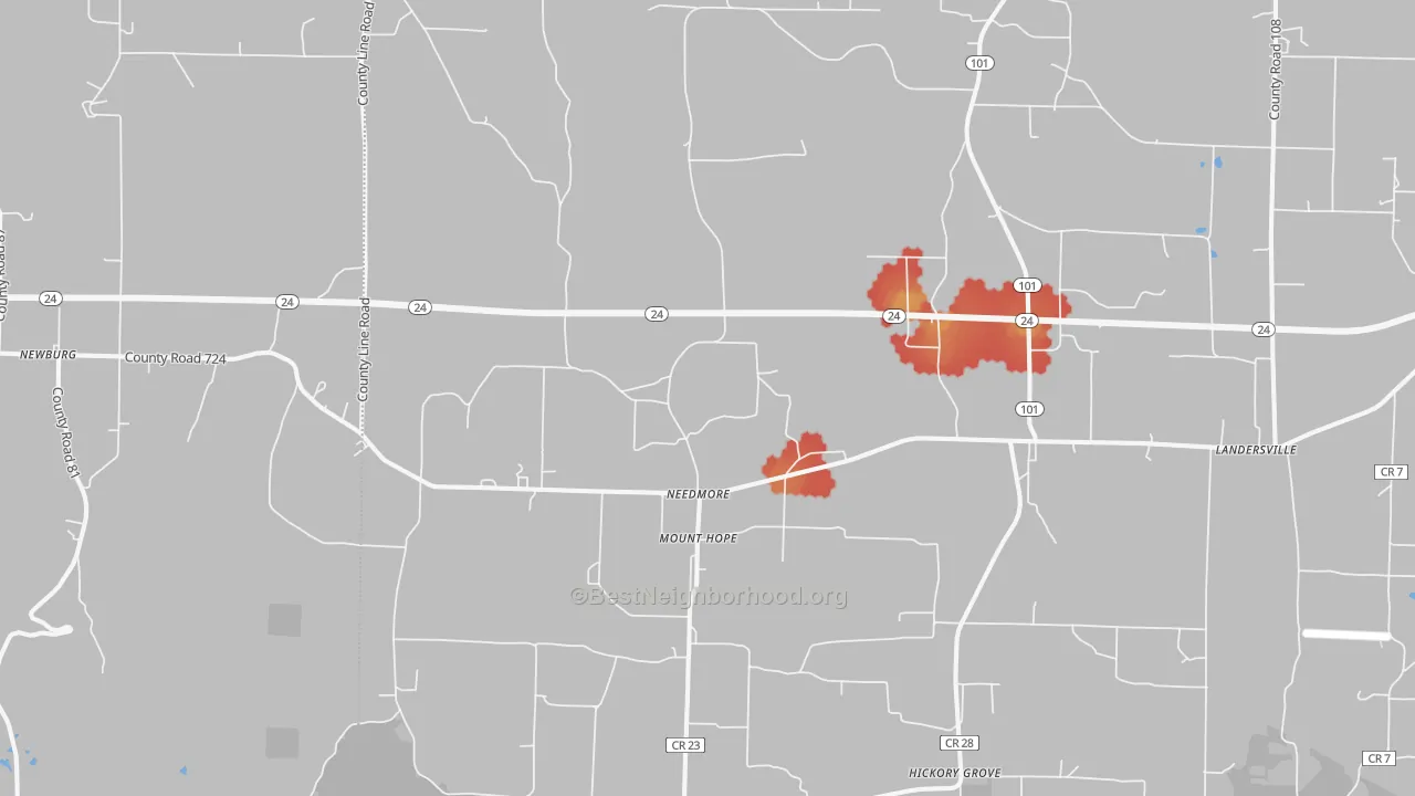 Walk Grade map of 35651, AL, walkable areas in green and car-dependent areas in red