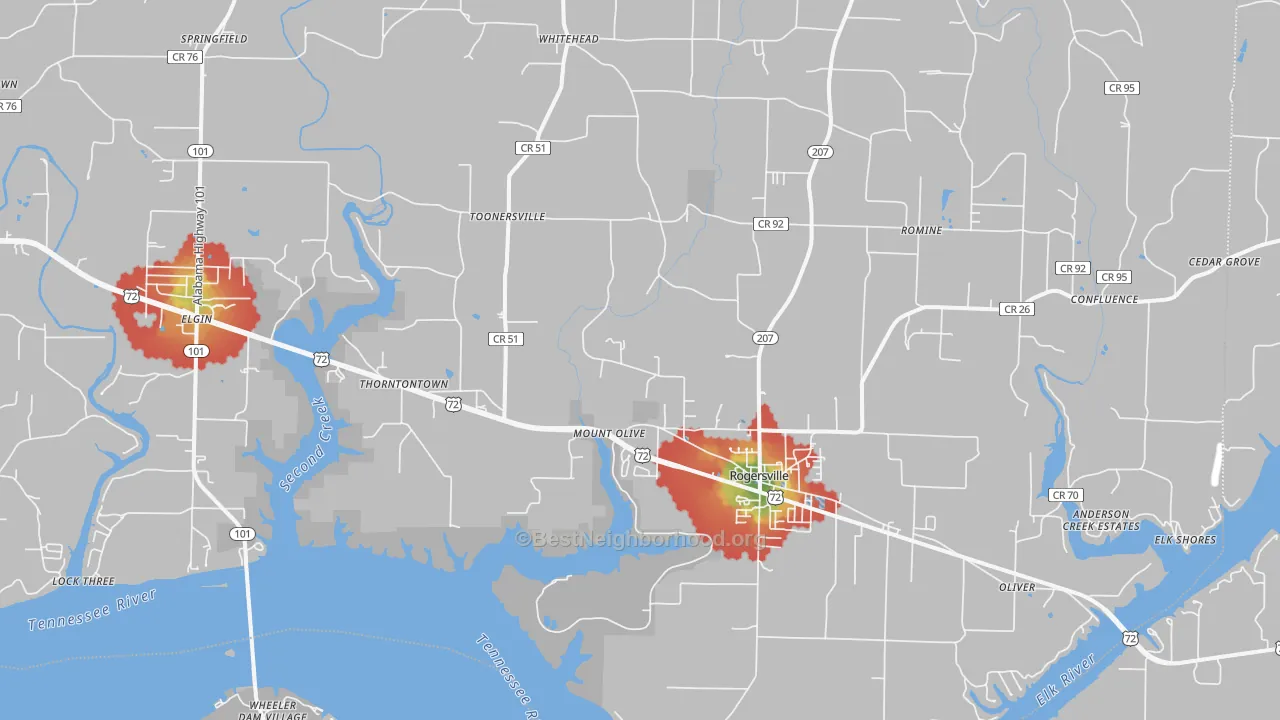 Walk Grade map of 35652, AL, walkable areas in green and car-dependent areas in red
