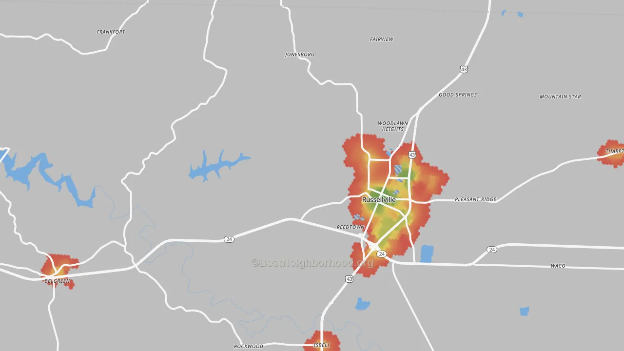 Walk Grade map of 35653, AL, walkable areas in green and car-dependent areas in red